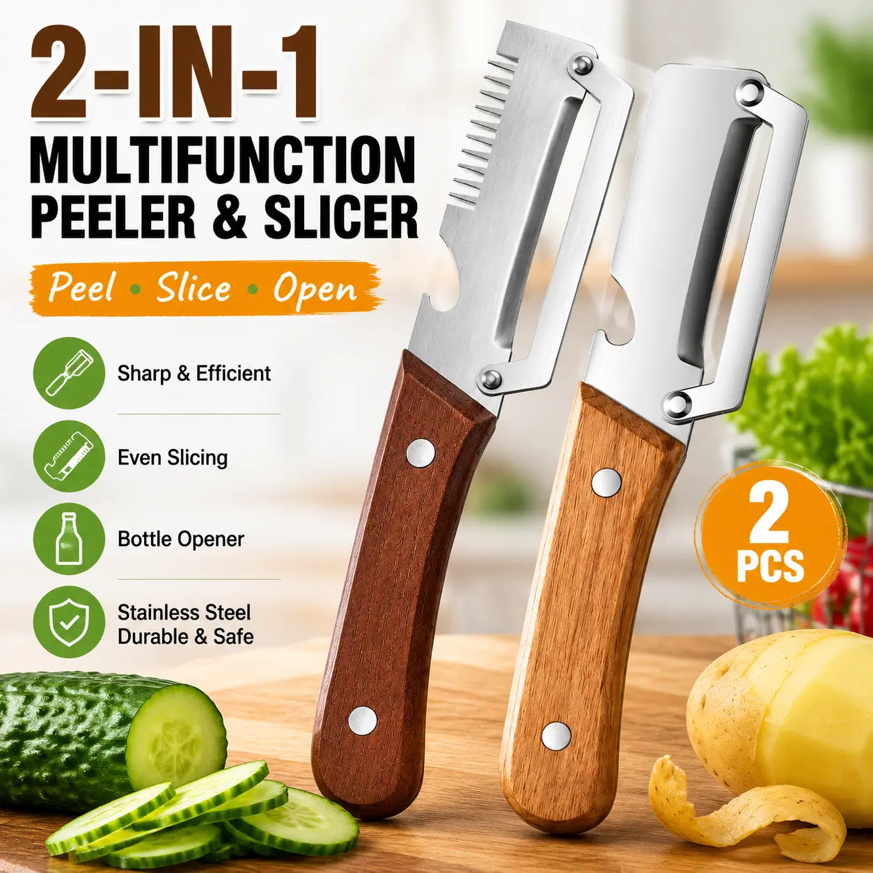 2-Piece Multifunctional Kitchen Peeler Set with Wood Handles – Includes Peeling, Slicing, Scraping, and Bottle Opening Tools