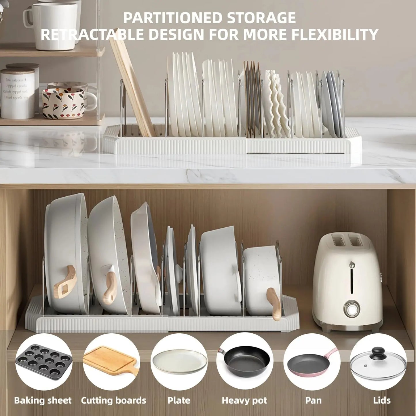 Adjustable Expandable Pot and Pan Organizer Rack with 8 Dividers for Kitchen Cabinets and Under-Sink Storage, Ideal for Small Spaces and Busy Cooks, White
