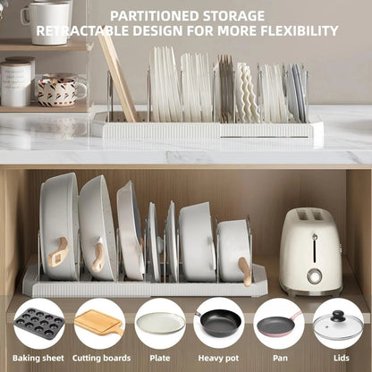 Adjustable Expandable Pot and Pan Organizer Rack with 8 Dividers for Kitchen Cabinets and Under-Sink Storage, Ideal for Small Spaces and Busy Cooks, White