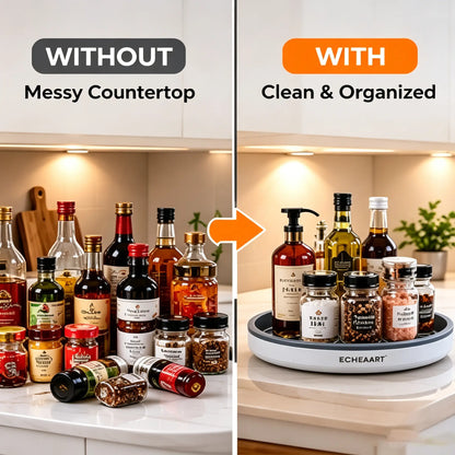 360° Rotating Organizer Tray, Non-Slip Lazy Susan Turntable for Kitchen Countertop, Pantry Cabinet and Bathroom Storage, round Rotating Tray in Black & Gray