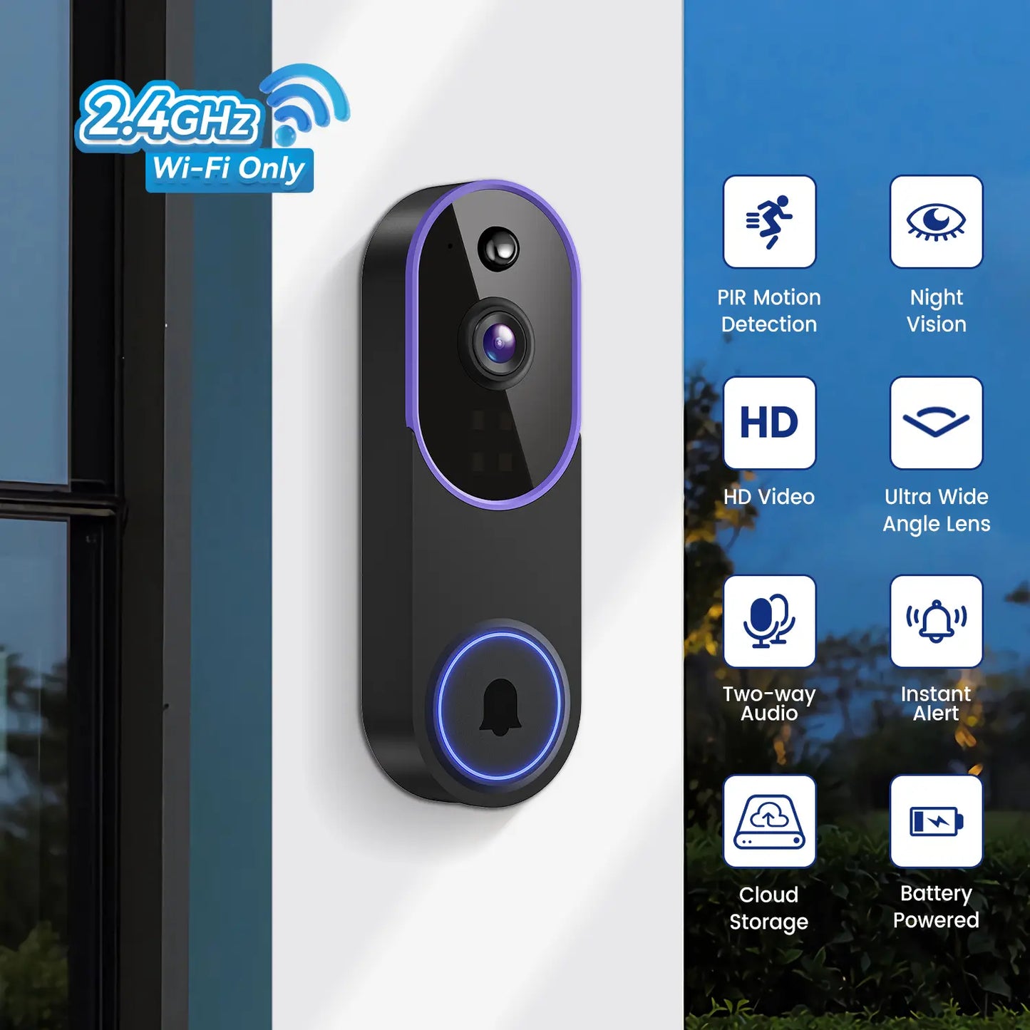 1080P Wireless Video Doorbell Camera with Smart AI Human Detection, Full HD Live View, Cloud Storage, Night Vision, Two-Way Audio, Instant Alerts, and 2.4G WiFi Connectivity for Indoor/Outdoor Home Security Surveillance