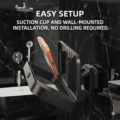 Waterproof Bathroom Shower Phone Holder with Bluetooth Speaker, 360° Rotating Touch Screen Mobile Device Case, Suction Cup Mount Shelf