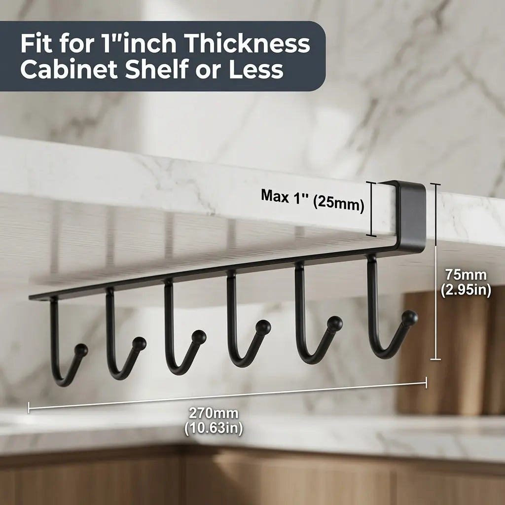 VIREFIRA Black 2-Piece Hangable under Shelf Mug Hanger Rack Set - 6-Hook Snap-In Adjustable under Cabinet Storage Organizer, Space-Saving Cup Holder for Kitchen Pantry