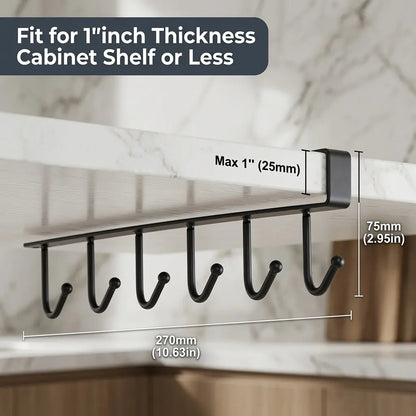 VIREFIRA Black 2-Piece Hangable under Shelf Mug Hanger Rack Set - 6-Hook Snap-In Adjustable under Cabinet Storage Organizer, Space-Saving Cup Holder for Kitchen Pantry