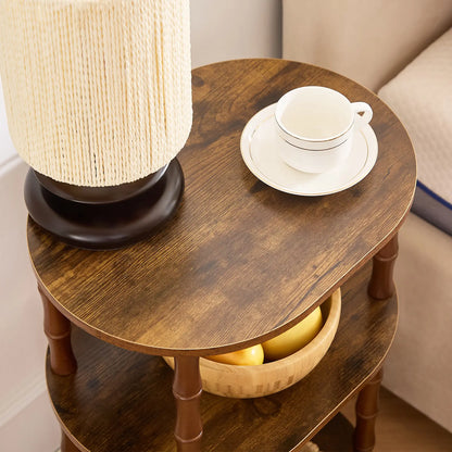 Rustic Brown Round End Table with 3-Tier Storage - Versatile Nightstand for Bedroom, Side Table for Living Room, and Compact Coffee Table for Apartments (15.7" × 11.6" × 24.4")