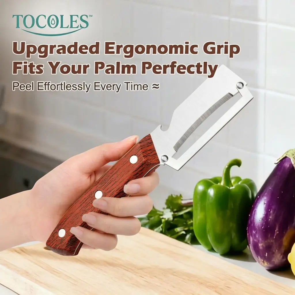 Stainless Steel Blade Vegetable and Fruit Peeler Set with Ergonomic Wooden Handles and Integrated Bottle Opener
