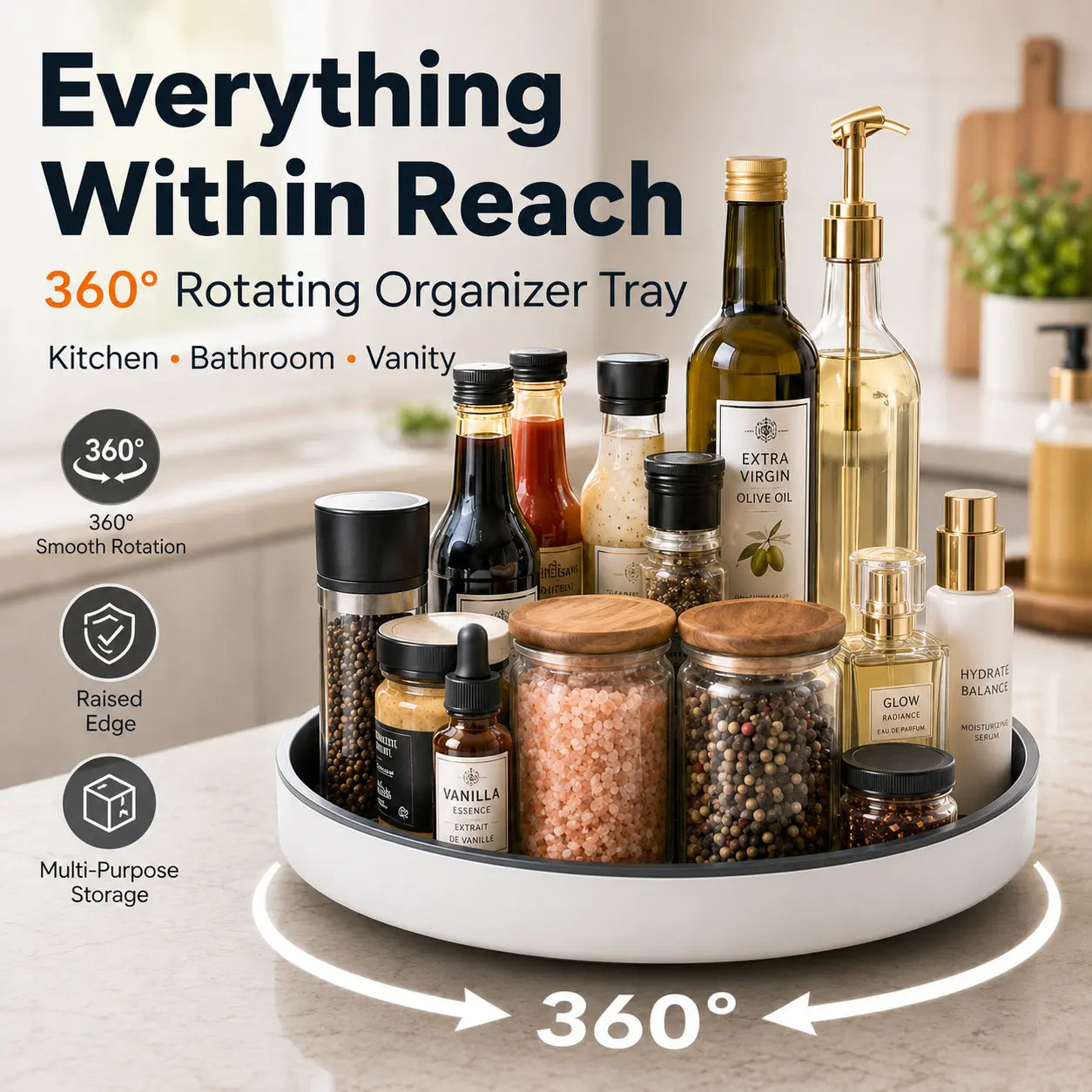 360° Rotating Organizer Tray, Non-Slip Lazy Susan Turntable for Kitchen Countertop, Pantry Cabinet and Bathroom Storage, round Rotating Tray in Black & Gray