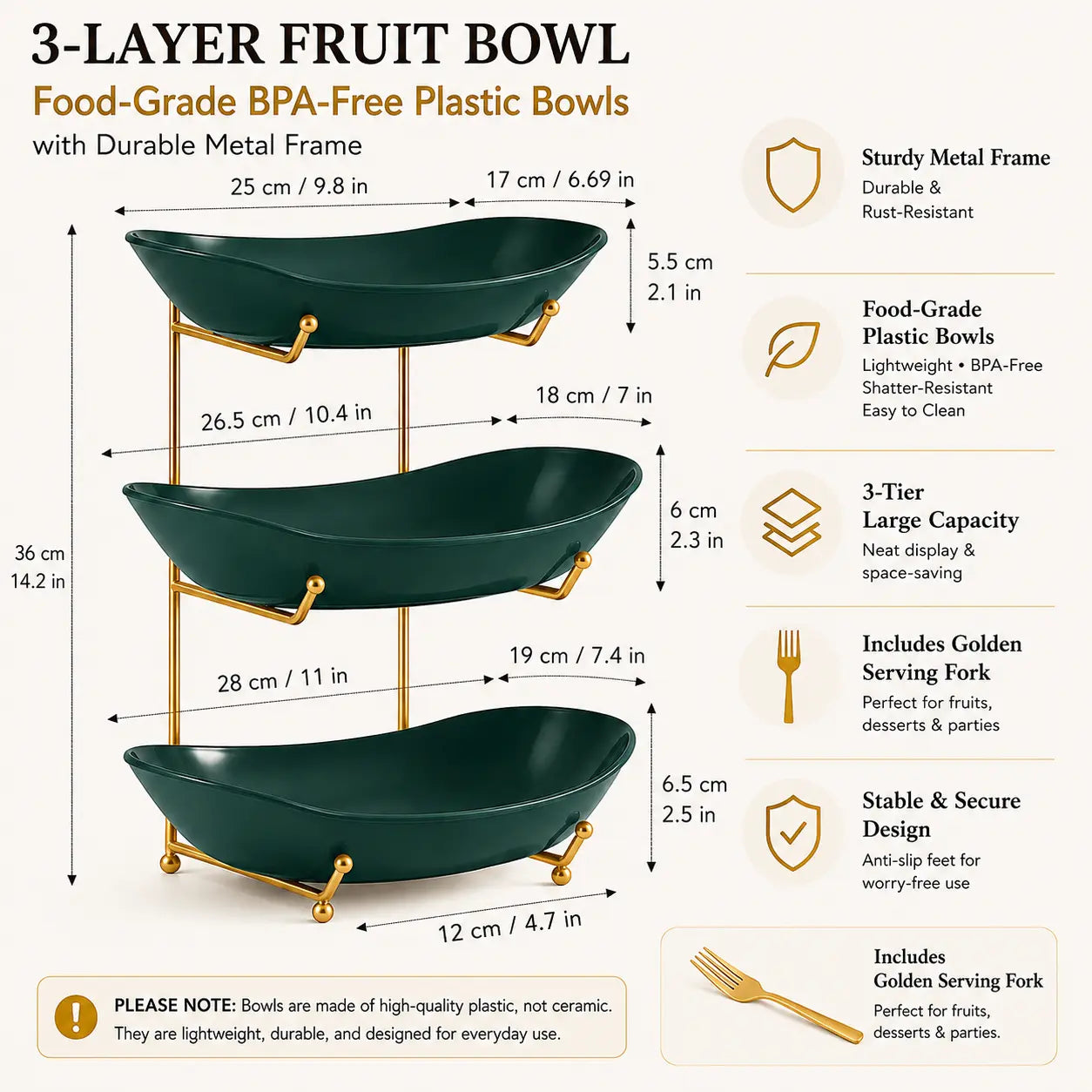 3-Tier Fruit Bowl Set with Metal Stand – Choose from Plastic or Ceramic Bowls, Spacious Countertop Organizer for Fruits, Snacks, and Nuts