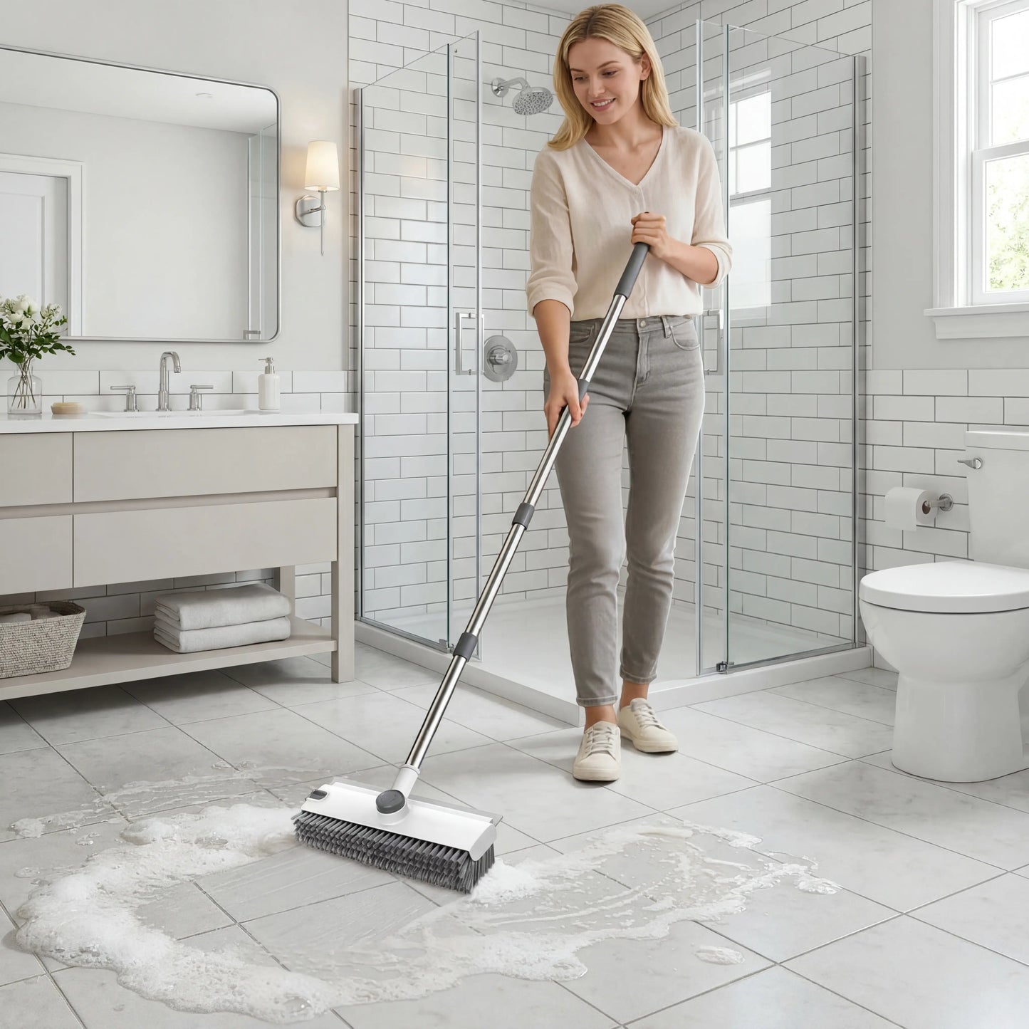 JOIORBOO 3-in-1 Floor Scrub Brush with Long Handle - Double-Sided Bristles and Squeegee for Bathroom and Kitchen Cleaning