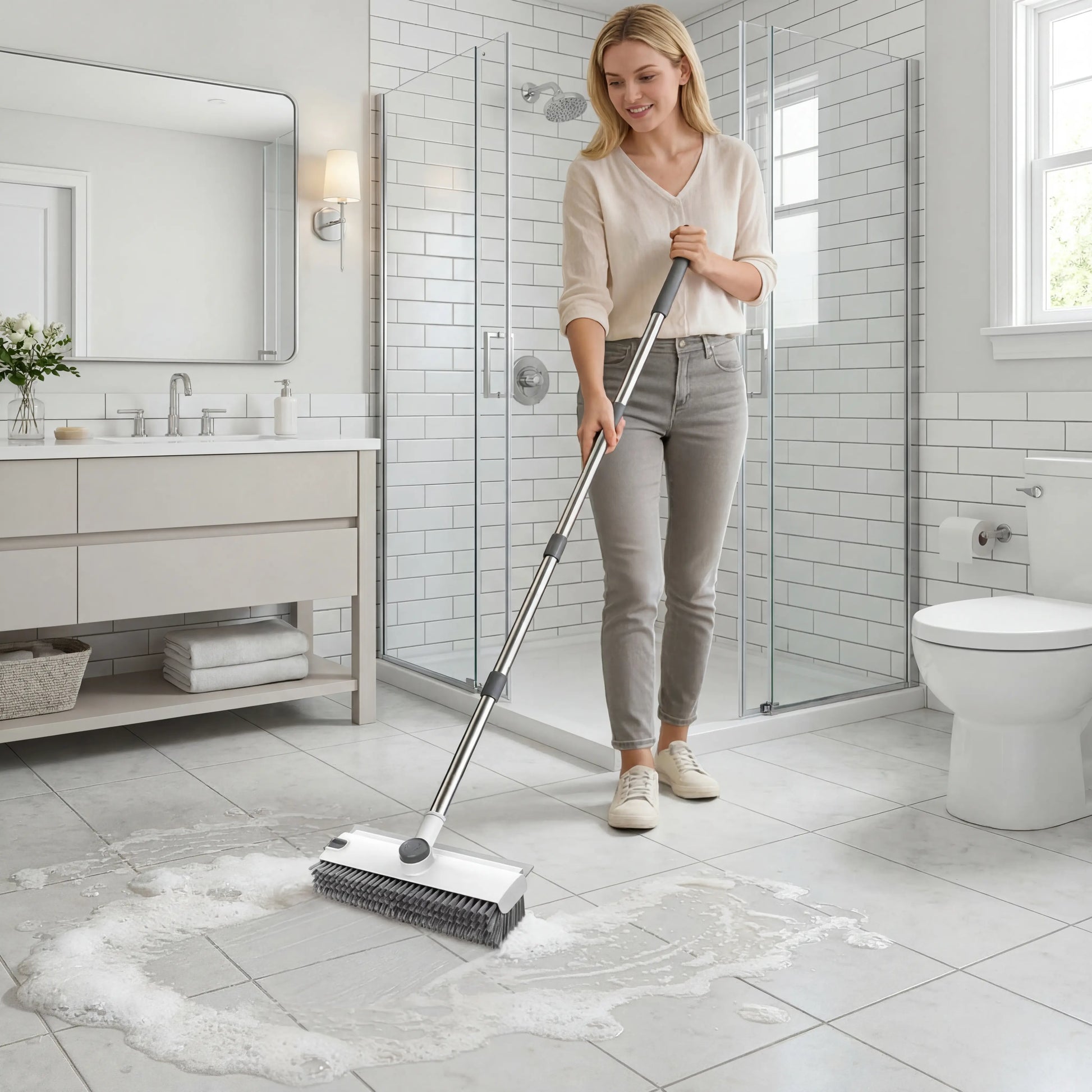 JOIORBOO 3-in-1 Floor Scrub Brush with Long Handle - Double-Sided Bristles and Squeegee for Bathroom and Kitchen Cleaning