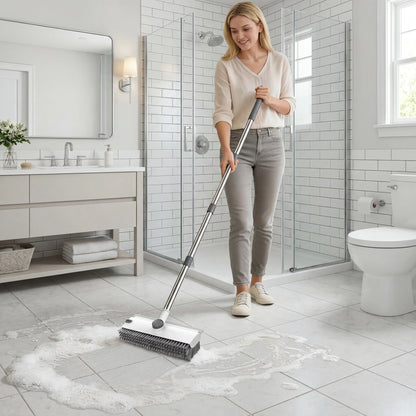 JOIORBOO 3-in-1 Floor Scrub Brush with Long Handle - Double-Sided Bristles and Squeegee for Bathroom and Kitchen Cleaning