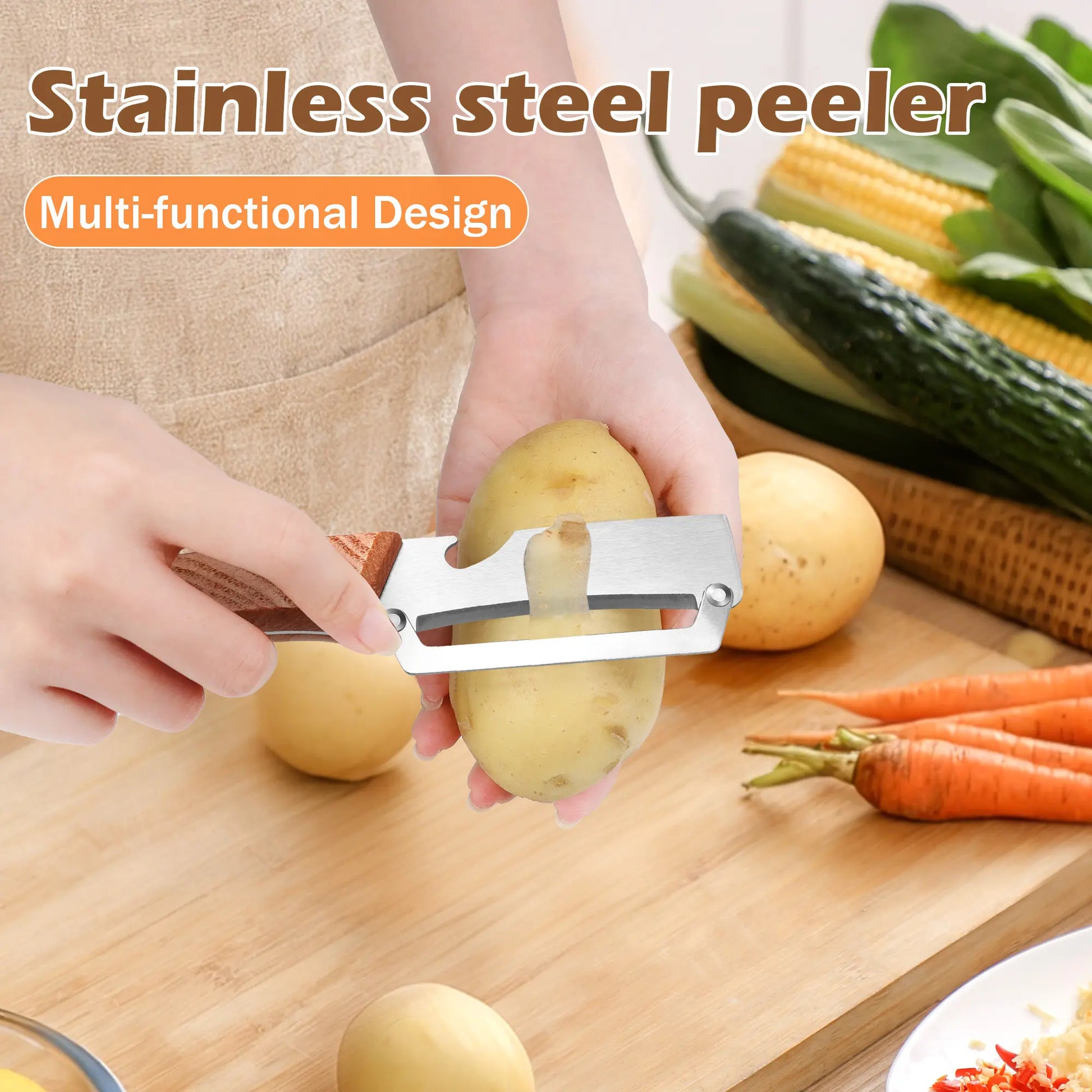 Stainless Steel Blade Vegetable and Fruit Peeler Set with Ergonomic Wooden Handles and Integrated Bottle Opener