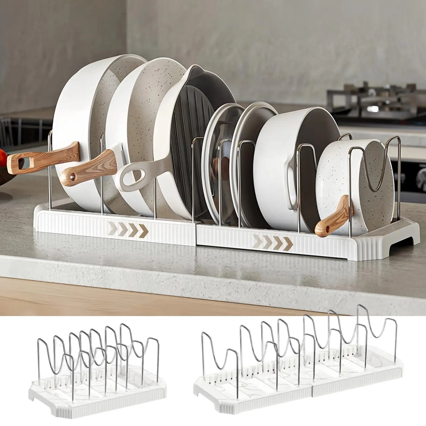 Adjustable Expandable Pot and Pan Organizer Rack with 8 Dividers for Kitchen Cabinets and Under-Sink Storage, Ideal for Small Spaces and Busy Cooks, White