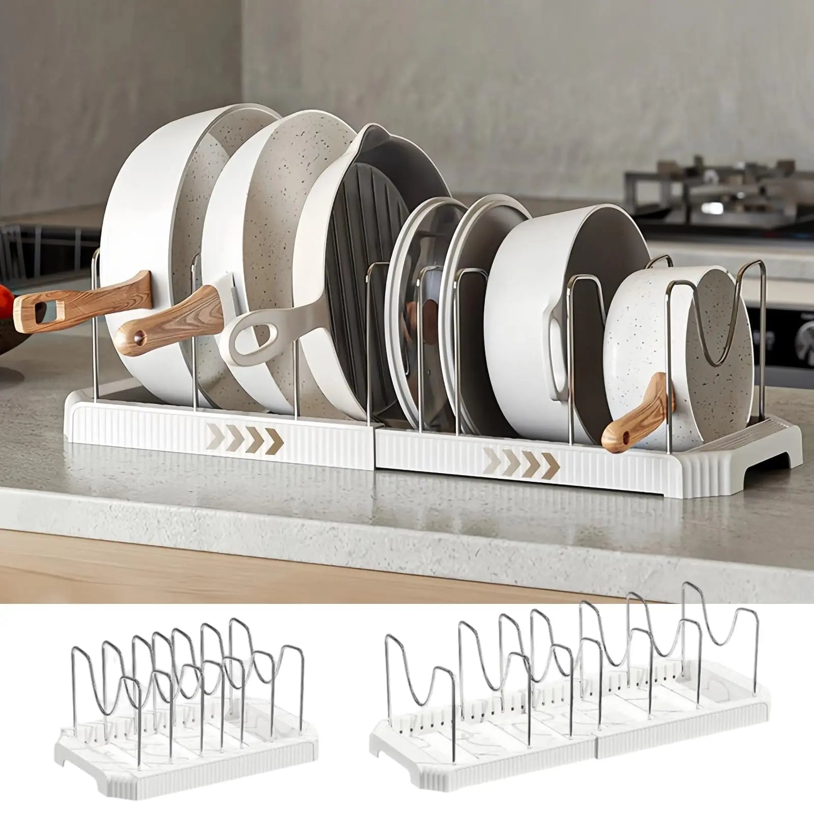 Adjustable Expandable Pot and Pan Organizer Rack with 8 Dividers for Kitchen Cabinets and Under-Sink Storage, Ideal for Small Spaces and Busy Cooks, White
