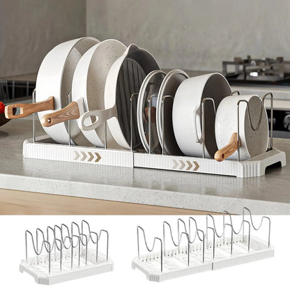 Adjustable Expandable Pot and Pan Organizer Rack with 8 Dividers for Kitchen Cabinets and Under-Sink Storage, Ideal for Small Spaces and Busy Cooks, White
