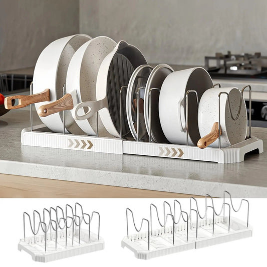 Adjustable Expandable Pot and Pan Organizer Rack with 8 Dividers for Kitchen Cabinets and Under-Sink Storage, Ideal for Small Spaces and Busy Cooks, White