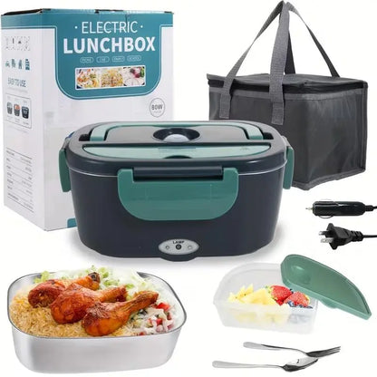 Stainless Steel Thermal Insulated Lunch Box - 50.72 Oz, Electric Food Warmer for Home and Car (110V/12V/24V), Includes Fork and Insulated Bag, Ideal for Truck Drivers and Office Use, Fast Heating