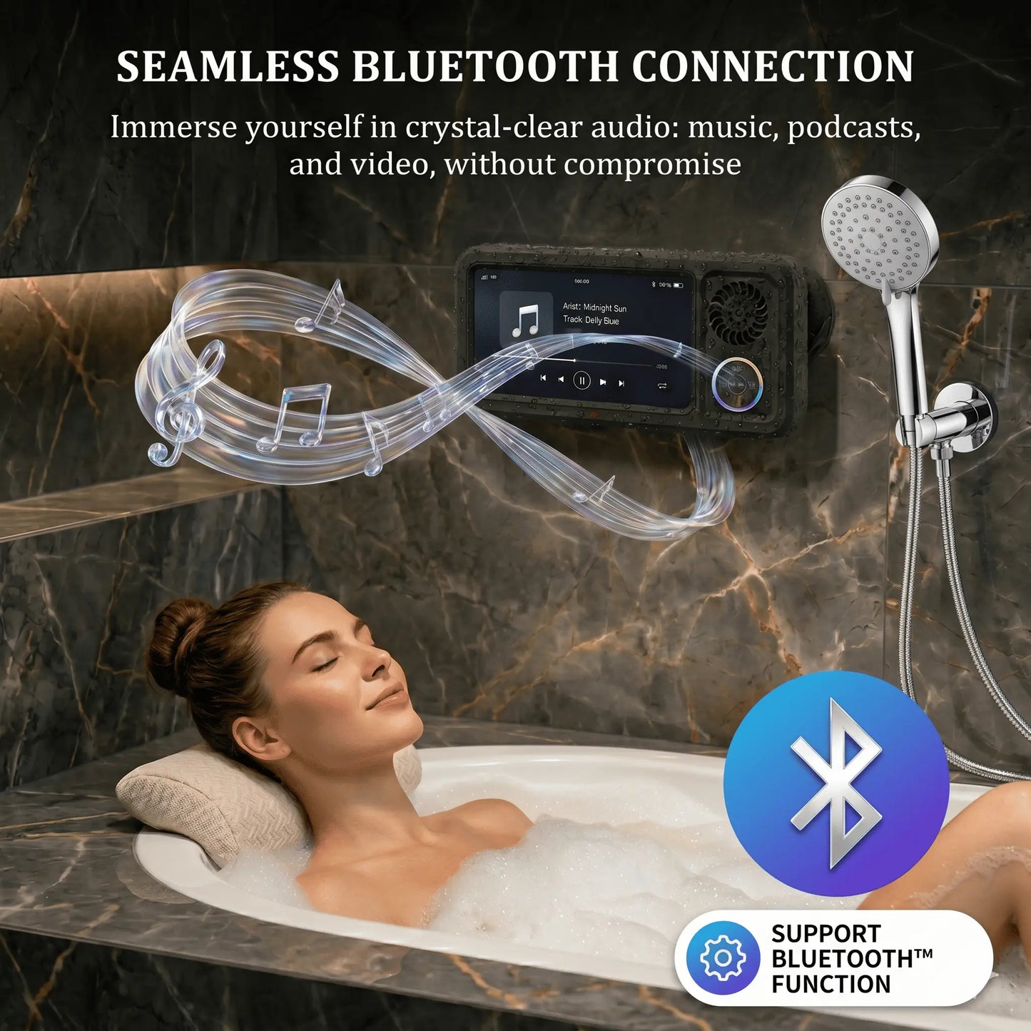 Waterproof Bathroom Shower Phone Holder with Bluetooth Speaker, 360° Rotating Touch Screen Mobile Device Case, Suction Cup Mount Shelf