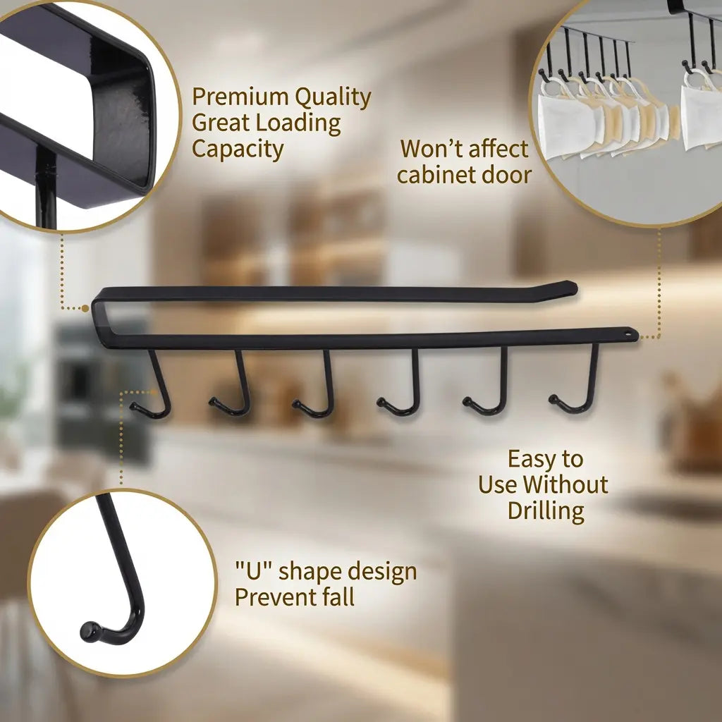 VIREFIRA Black 2-Piece Hangable under Shelf Mug Hanger Rack Set - 6-Hook Snap-In Adjustable under Cabinet Storage Organizer, Space-Saving Cup Holder for Kitchen Pantry