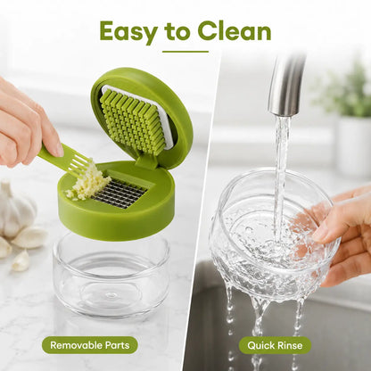 Manual Garlic Chopper, Mini Garlic Press Cutter with Stainless Steel Blades & Clear Collection Cup, Compact Kitchen Garlic Mincer for Garlic, Ginger, Onion & Chili, Easy-Press Food Prep Tool, Green