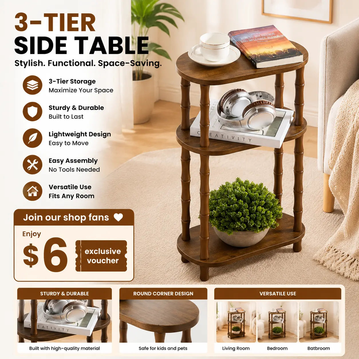 Rustic Brown Round End Table with 3-Tier Storage - Versatile Nightstand for Bedroom, Side Table for Living Room, and Compact Coffee Table for Apartments (15.7" × 11.6" × 24.4")