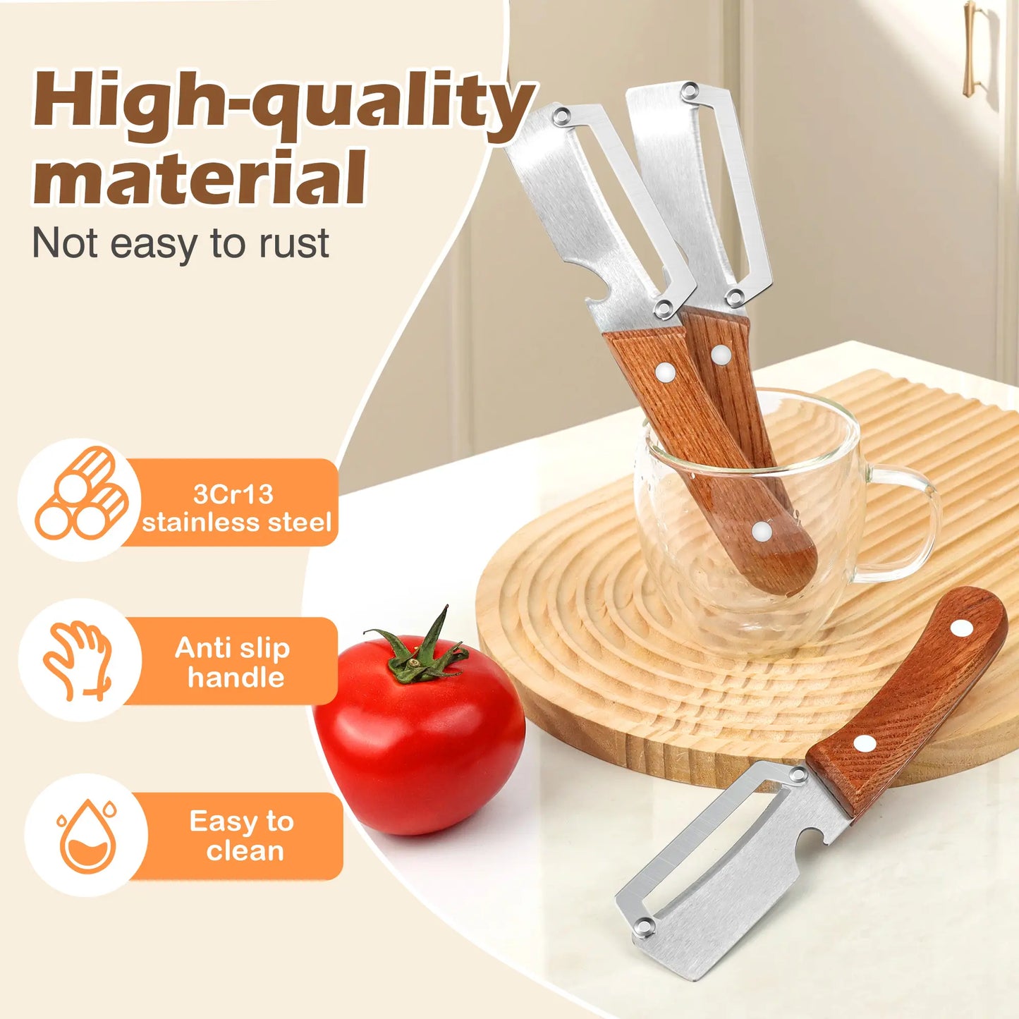 Stainless Steel Blade Vegetable and Fruit Peeler Set with Ergonomic Wooden Handles and Integrated Bottle Opener