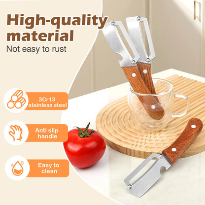 Stainless Steel Blade Vegetable and Fruit Peeler Set with Ergonomic Wooden Handles and Integrated Bottle Opener
