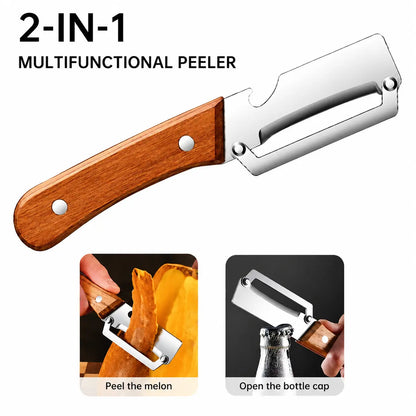 2-Piece Multifunctional Kitchen Peeler Set with Wood Handles – Includes Peeling, Slicing, Scraping, and Bottle Opening Tools