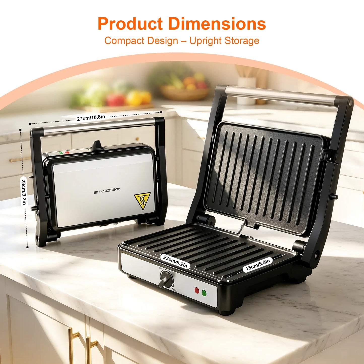 KEINVE Compact Electric Panini Press Grill and Sandwich Maker, 900W Fast Heating with Adjustable Temperature Control, 180° Flat Open Non-Stick Double-Sided Griddle, Dual Heating Plates for Steak and Burgers, 9.2 x 5.8 Inches