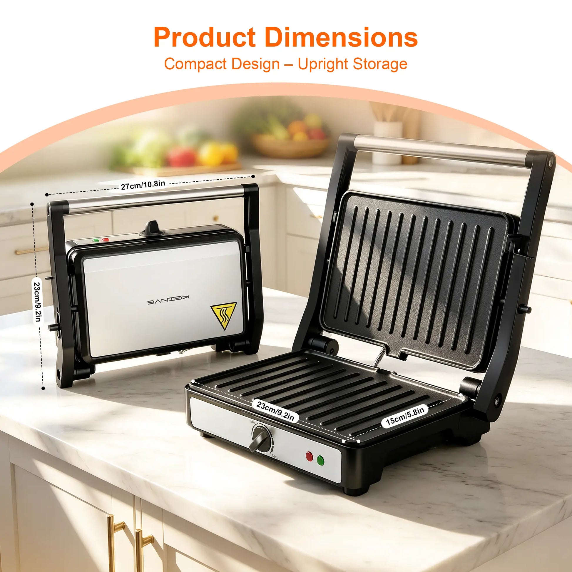 KEINVE Compact Electric Panini Press Grill and Sandwich Maker, 900W Fast Heating with Adjustable Temperature Control, 180° Flat Open Non-Stick Double-Sided Griddle, Dual Heating Plates for Steak and Burgers, 9.2 x 5.8 Inches
