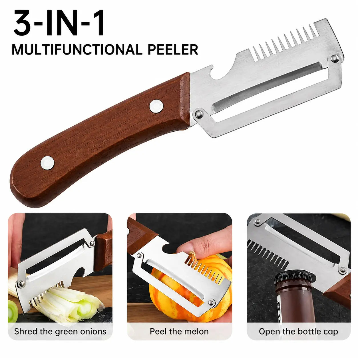 2-Piece Multifunctional Kitchen Peeler Set with Wood Handles – Includes Peeling, Slicing, Scraping, and Bottle Opening Tools