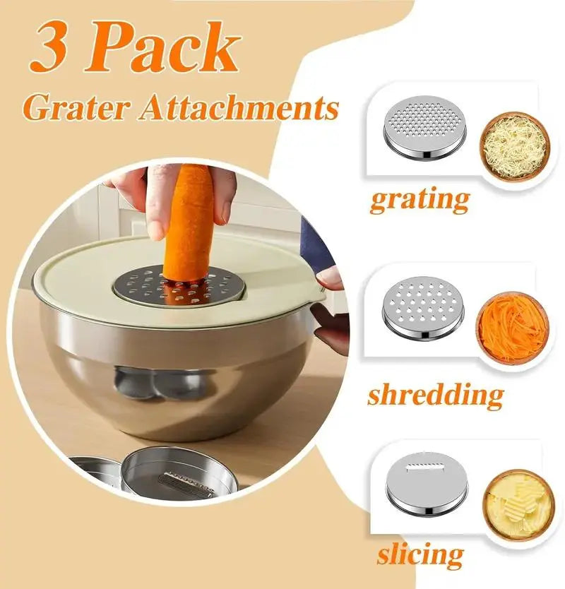 6-Piece Stainless Steel Mixing Bowl Set with Lids and Grinder Attachments - Airtight Food Storage and Organizer for Culinary Use