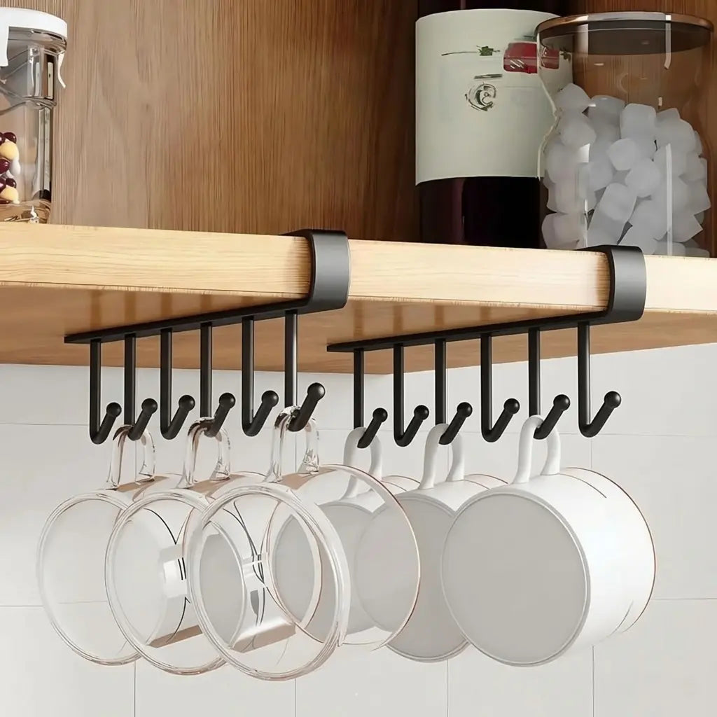 VIREFIRA Black 2-Piece Hangable under Shelf Mug Hanger Rack Set - 6-Hook Snap-In Adjustable under Cabinet Storage Organizer, Space-Saving Cup Holder for Kitchen Pantry
