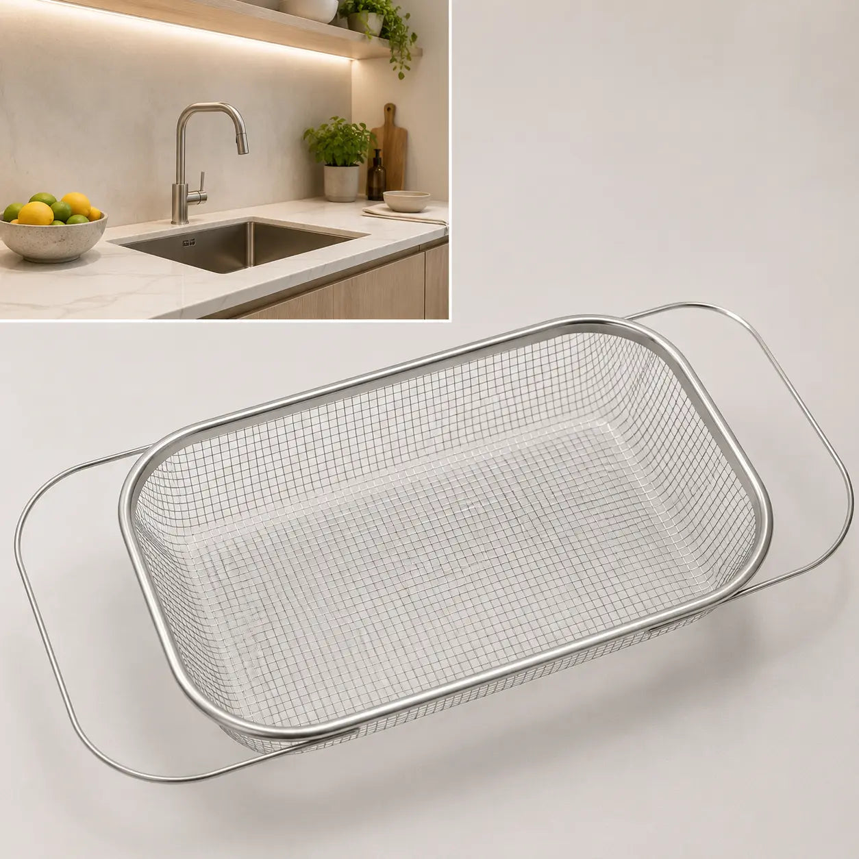 Expandable Stainless Steel Over-The-Sink Colander Strainer Basket with Handles, Fine Mesh Kitchen Essential