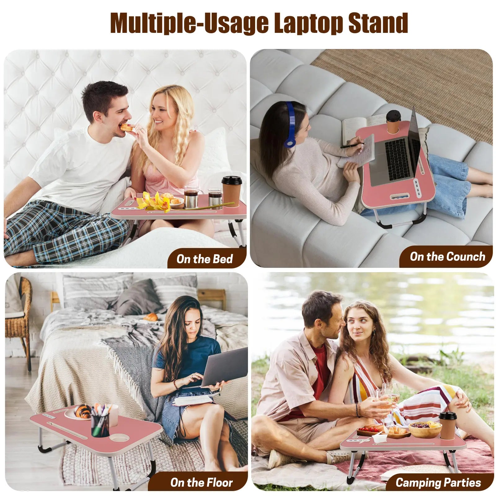 WGCTEK Portable Foldable Laptop Bed Desk with USB Ports, Storage Drawer, and Cup Holder for Comfortable Work and Reading on Bed or Couch - Available in Black, White, Pink, and Walnut