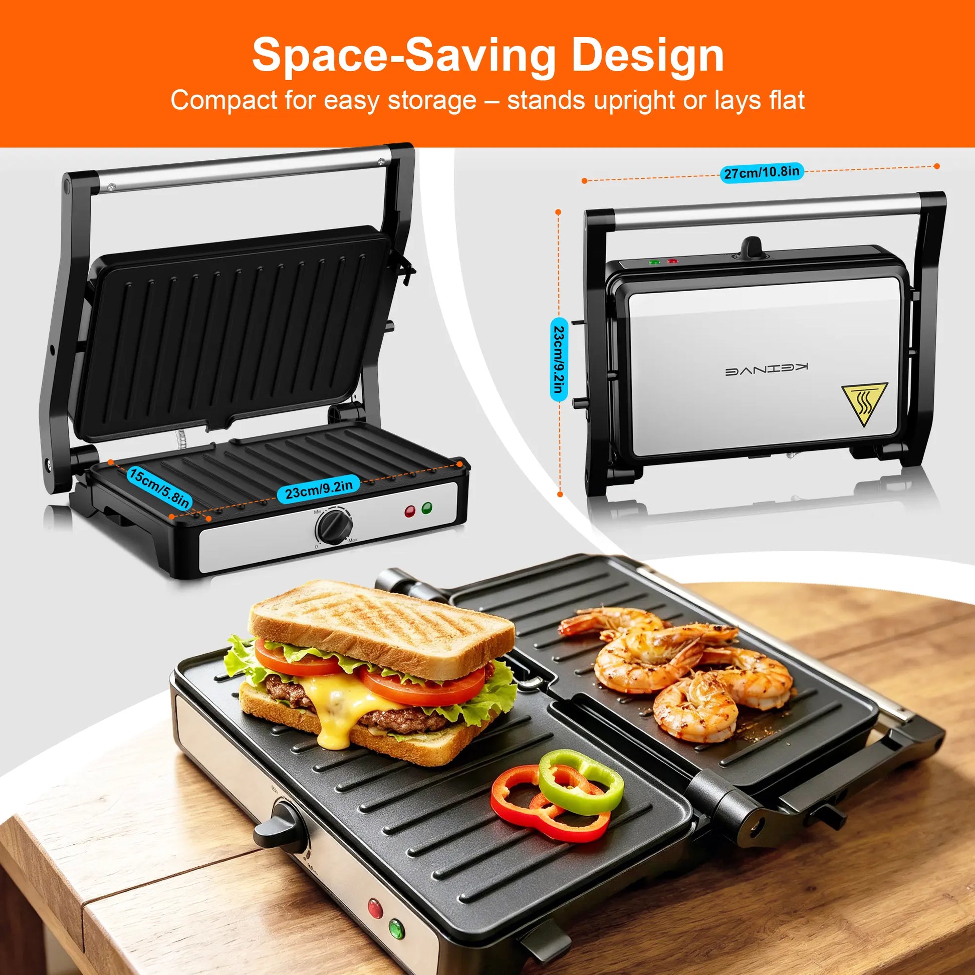 KEINVE Compact Electric Panini Press Grill and Sandwich Maker, 900W Fast Heating with Adjustable Temperature Control, 180° Flat Open Non-Stick Double-Sided Griddle, Dual Heating Plates for Steak and Burgers, 9.2 x 5.8 Inches