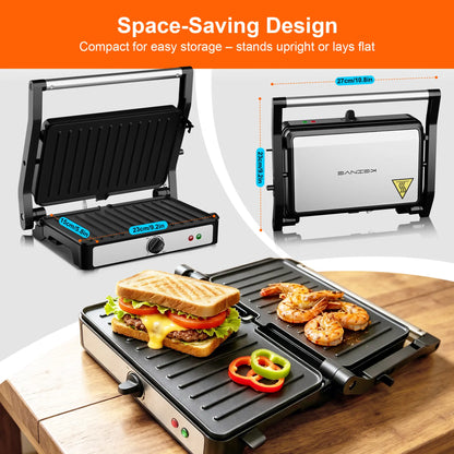 KEINVE Compact Electric Panini Press Grill and Sandwich Maker, 900W Fast Heating with Adjustable Temperature Control, 180° Flat Open Non-Stick Double-Sided Griddle, Dual Heating Plates for Steak and Burgers, 9.2 x 5.8 Inches