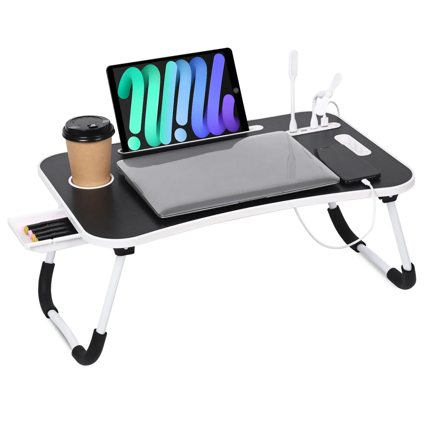 WGCTEK Portable Foldable Laptop Bed Desk with USB Ports, Storage Drawer, and Cup Holder for Comfortable Work and Reading on Bed or Couch - Available in Black, White, Pink, and Walnut