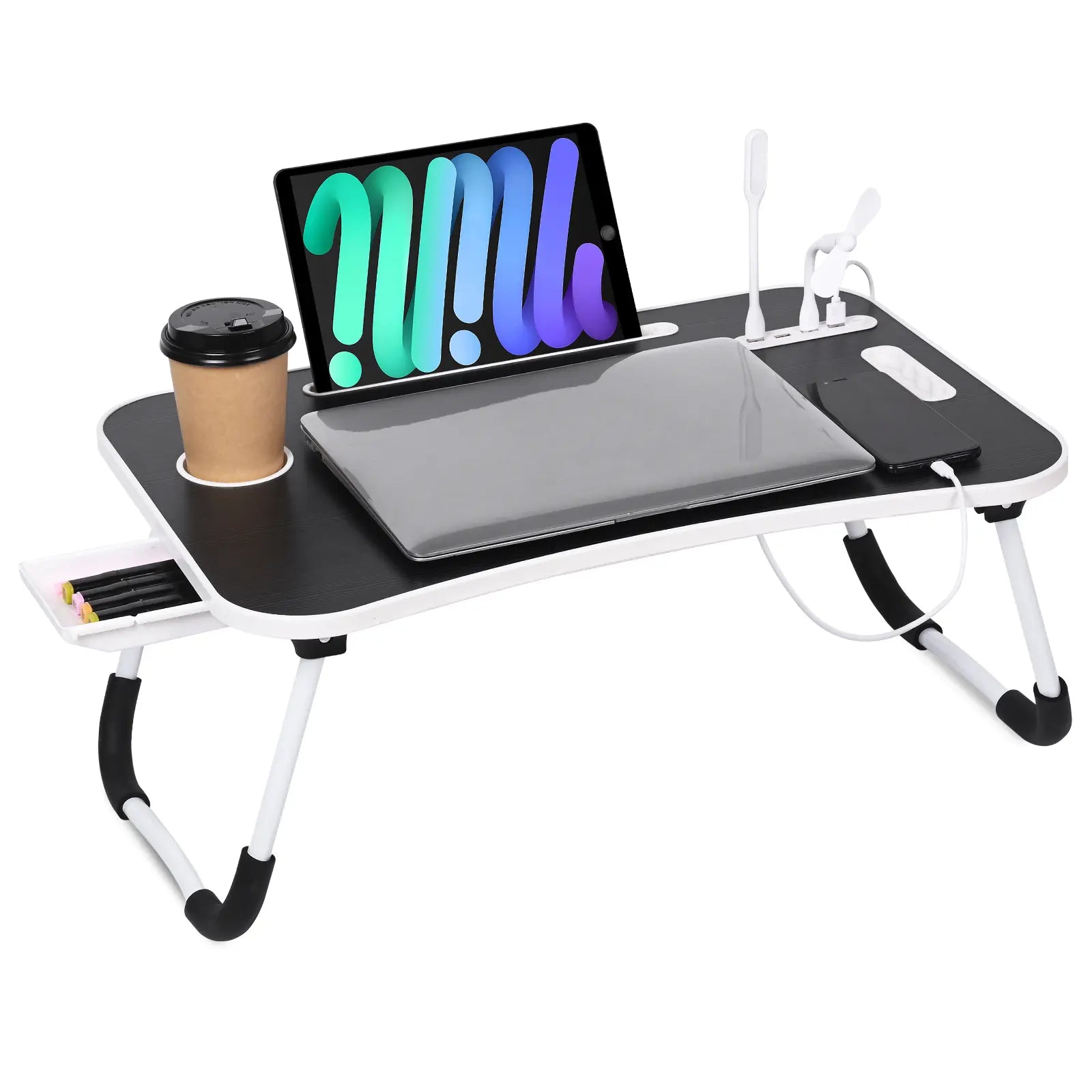 WGCTEK Portable Foldable Laptop Bed Desk with USB Ports, Storage Drawer, and Cup Holder for Comfortable Work and Reading on Bed or Couch - Available in Black, White, Pink, and Walnut