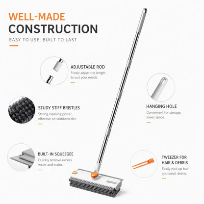 Snofrid 3-in-1 Heavy Duty Floor Scrub Brush with 54-Inch Adjustable Handle and Stiff Bristles for Versatile Cleaning of Showers, Bathrooms, Kitchens, Patios, Garages, Pools, Walls, and Decks - Orange and White