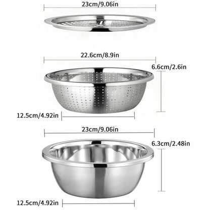 Multifunctional 3-In-1 Stainless Steel Cutting Machine and Strainer Set - Includes Basin, Sieve, and Cutter for Washing Rice, Fruits, and Vegetables - Essential Kitchen Tool