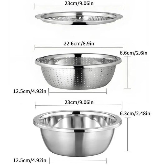 Multifunctional 3-In-1 Stainless Steel Cutting Machine and Strainer Set - Includes Basin, Sieve, and Cutter for Washing Rice, Fruits, and Vegetables - Essential Kitchen Tool