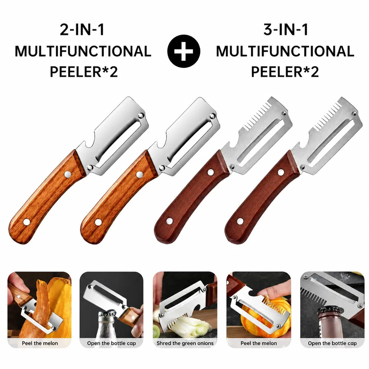 2-Piece Multifunctional Kitchen Peeler Set with Wood Handles – Includes Peeling, Slicing, Scraping, and Bottle Opening Tools