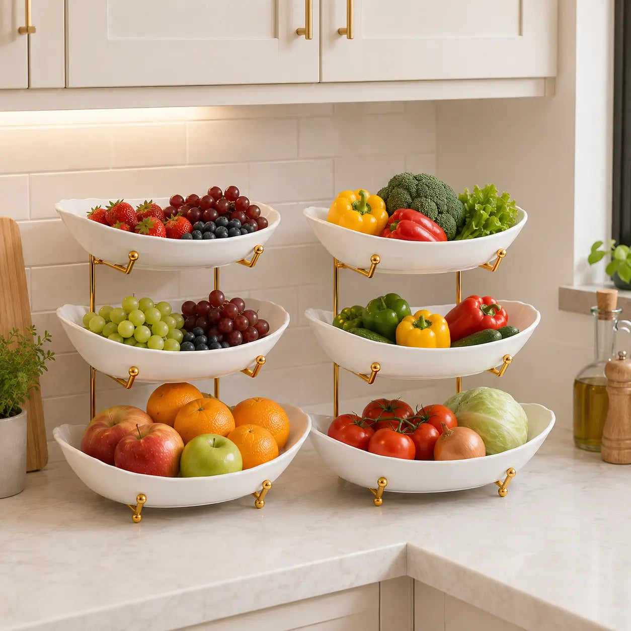 3-Tier Fruit Bowl Set with Metal Stand – Choose from Plastic or Ceramic Bowls, Spacious Countertop Organizer for Fruits, Snacks, and Nuts