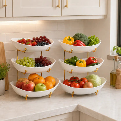 3-Tier Fruit Bowl Set with Metal Stand – Choose from Plastic or Ceramic Bowls, Spacious Countertop Organizer for Fruits, Snacks, and Nuts
