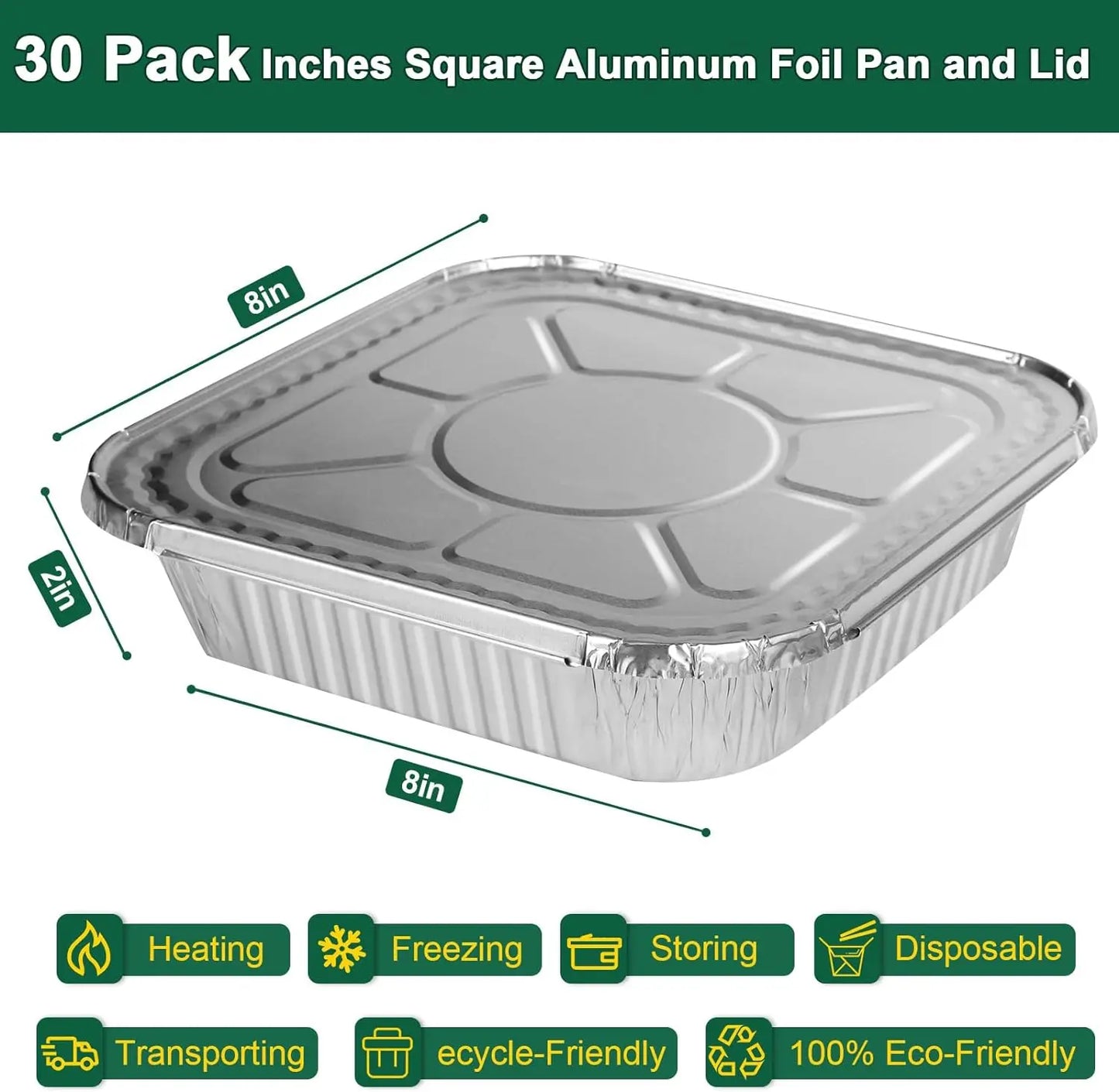 8x8 Heavy-Duty Aluminum Pans with Lids (30 Pack) - Disposable Foil Food Containers for Baking, Cooking, Heating, Freezing, and Holiday Storage