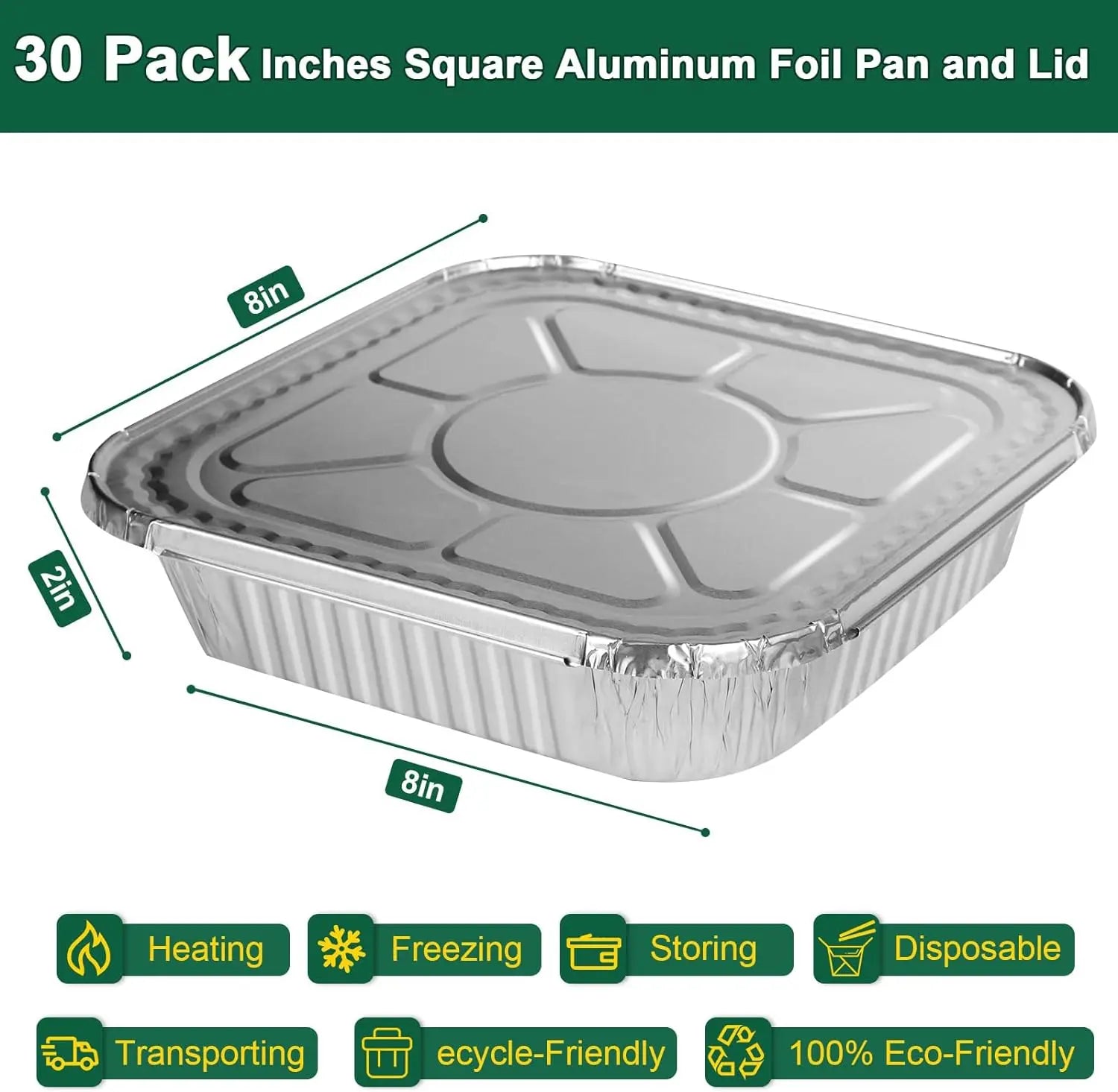 8x8 Heavy-Duty Aluminum Pans with Lids (30 Pack) - Disposable Foil Food Containers for Baking, Cooking, Heating, Freezing, and Holiday Storage