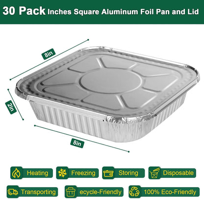 8x8 Heavy-Duty Aluminum Pans with Lids (30 Pack) - Disposable Foil Food Containers for Baking, Cooking, Heating, Freezing, and Holiday Storage