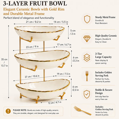 3-Tier Fruit Bowl Set with Metal Stand – Choose from Plastic or Ceramic Bowls, Spacious Countertop Organizer for Fruits, Snacks, and Nuts