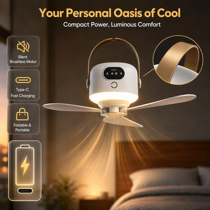 2-In-1 Portable LED Light Hanging Camping Fan | Rechargeable Quiet Tent Fan with Remote Control, Long Runtime, 3 Speeds, Foldable Design, Suitable for Outdoor Camping, Tents, Patio, Dorms, Bedrooms